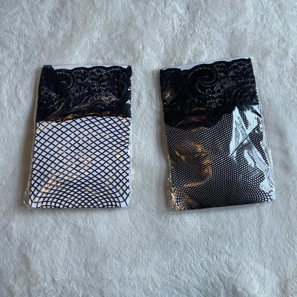 Nomens Black Fishnet Thigh High Stockings Lace Top 2 Pairs • NIB